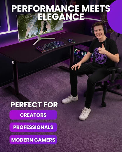 Arozzi Arena Large Gamer Desk - 63x32” Adjustable Height PC Gaming Desk With Storage For Cables & Triple-Monitor Support - Full-Surface Washable Mousepad - Pure Black