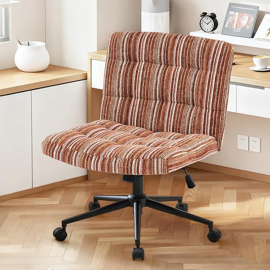 Furnimart 360° Swivel Criss Cross Desk Chair Extra-Thick Cushion, Premium Chenille Cross Legged Chair with Wide Seat & Wheels, Comfy Armless Home Office Chair for Bedroom, Vanity, Sturdy (Dark Brown)