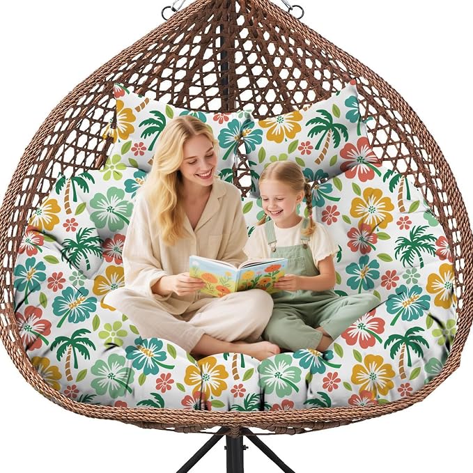 Double Egg Chair Cushion Replacement Waterproof for Outdoor Patio Hanging Basket Egg Couch, 59x43-Inch Thickened Cotton Large Double Eggs Swing Chair Cushions, Green Coconut Tree1#