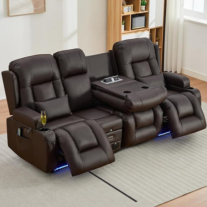 URRED Power Loveseat Recliner Sofa with Massage and Heat, Wall Hugger Reclining Loveseat with Console, RV Couch Home Theater Seating with LED Lights for Living Room (Dark Brown, 89.8" - 3 Seats)