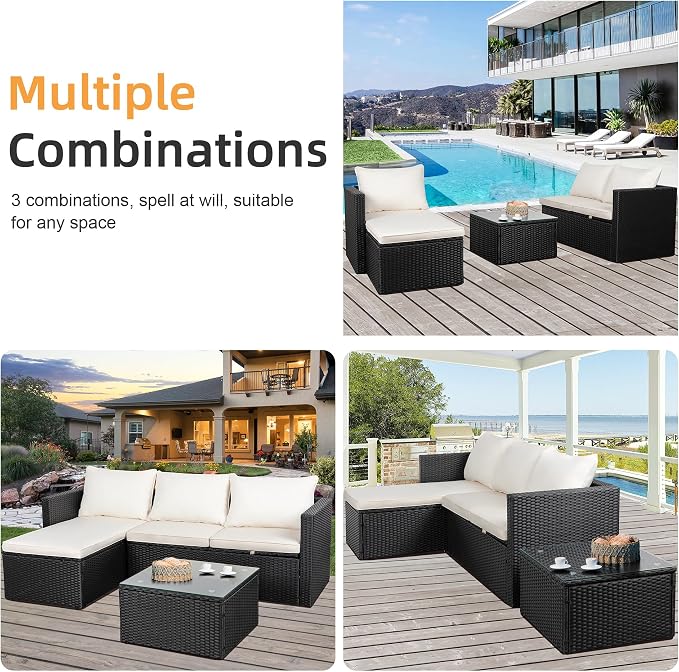 Shintenchi 4 Pieces Patio Furniture Set, 2-in-1 Convertible Sectional Sofa & Chaise Lounge, All-Weather Wicker Rattan Sofa Couch with Cushions & Coffee Table for Yard, Garden, Porch, Poolside (Beige)