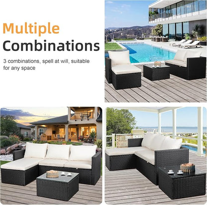 Shintenchi 4 Pieces Patio Furniture Set, 2-in-1 Convertible Sectional Sofa & Chaise Lounge, All-Weather Wicker Rattan Sofa Couch with Cushions & Coffee Table for Yard, Garden, Porch, Poolside (Beige)