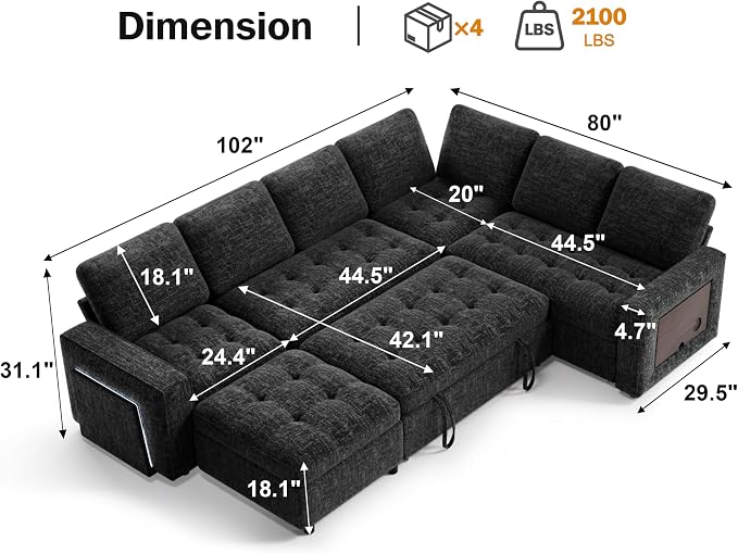 Vipbear 7 Seat L Shaped Modular Sectional Sleeper Sofa Bed with Ottoman/Pull Out Bed/Reclining Backrest/USB Ports/Table/LED Light/Storage Seat, Tool-Free Assembly, Chenille Black