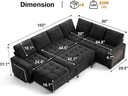 Vipbear 7 Seat L Shaped Modular Sectional Sleeper Sofa Bed with Ottoman/Pull Out Bed/Reclining Backrest/USB Ports/Table/LED Light/Storage Seat, Tool-Free Assembly, Chenille Black