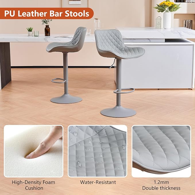 YOUTASTE All Grey Bar Stools Set of 2, Upholstered Counter Height Bar Stool, Adjustable Swivel Faux Leather Barstools, with Padded Back, Metal Base, Kitchen Chairs for Home Island