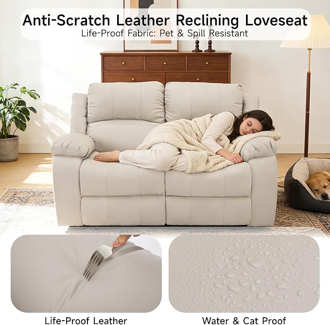 Reclining Loveseat Sofa Leather Recliner Couch 2 Seater Sofa for Living Room, Home Theater Seating(Loveseat,Beige)