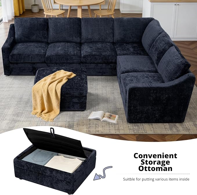 115 Inches Chenille Sectional Sofa with Storage Ottoman, Modern 7 Seats Corner Couch with Deep Seat, Comfy Modular U Shaped Couch with Comfortable Cushions for Living Room, Blue