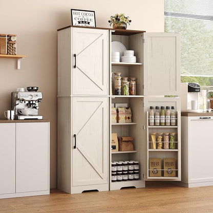 Function Home Farmhouse Kitchen Pantry Cabinet, 64" Tall Slim Bathroom Storage Cabinet, 5 Tier Wooden Floor Cabinets with Barn Doors and Adjustable Shelves for Dining Room Living Room, Antique White