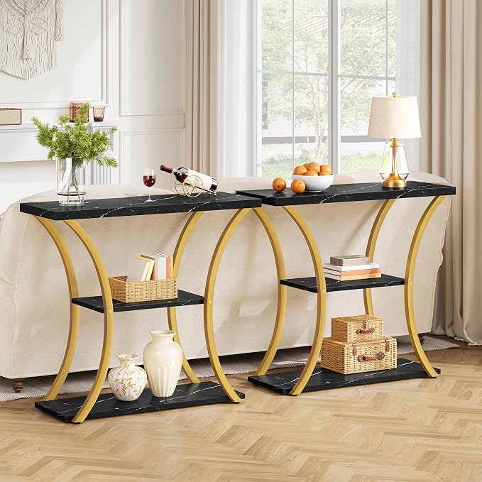 Hoctieon 3 Tier Console Table with Open Wood Shelves, Decorative Entryway Table with Curved Metal Frames, Narrow Sofa Table for Entrance, Living Room, Hallway, Gold and Black Marbled