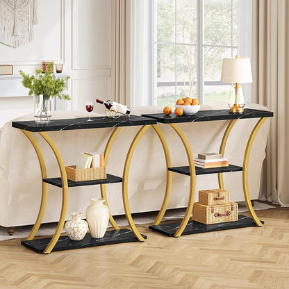 Hoctieon 3 Tier Console Table with Open Wood Shelves, Decorative Entryway Table with Curved Metal Frames, Narrow Sofa Table for Entrance, Living Room, Hallway, Gold and Black Marbled
