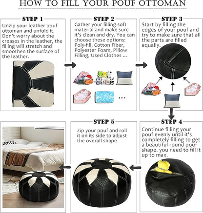 Thgonwid Unstuffed Moroccan Faux Leather Pouf Ottoman Cover with Storage - Boho Chic Multi-Use Footrest for Living Room, Bedroom, Patio - Round Ethnic Floor Cushion & Decorative Accent, Black&White