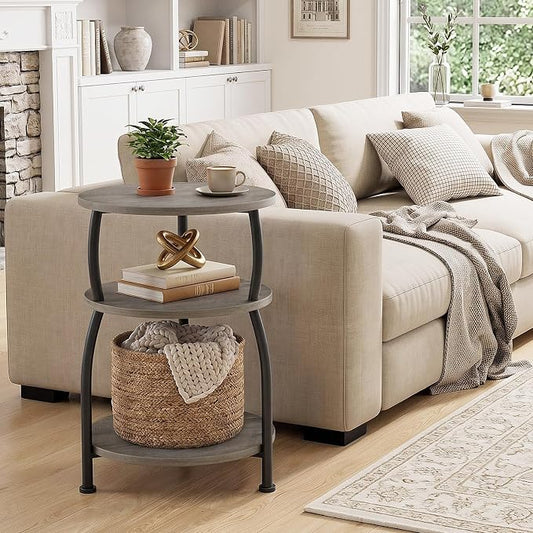 Round Side Table, 3-Tier End Table with Storage Shelf, 15.7" Wide Nightstand for Small Spaces, Tall Sofa Table Capable of Holding Laptops & Lamps, Bedside Table for Bedroom & Living Room, Grey