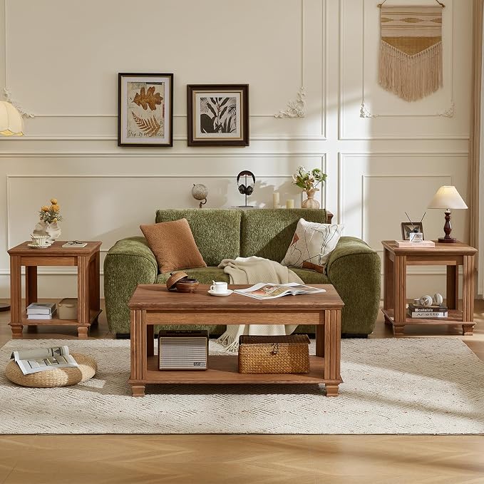 SAVOR LIFE TV Stand and Coffee Table Set, 4 Piece Living Room Table Set with Drawer & Open Shelving & Thick Tabletop & Square Wooden Legs, Brown