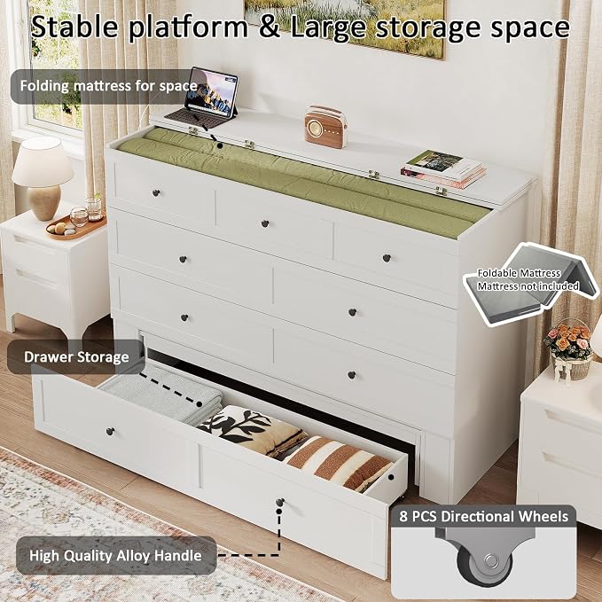 LIVAUVEAD Queen Murphy Bed with Drawer Storage & Charging Station, Murphy Bed Cabinet with Foldable Panel, for Guest Bedroom, Living Room, Office, White