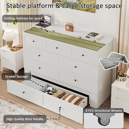 LIVAUVEAD Queen Murphy Bed with Drawer Storage & Charging Station, Murphy Bed Cabinet with Foldable Panel, for Guest Bedroom, Living Room, Office, White