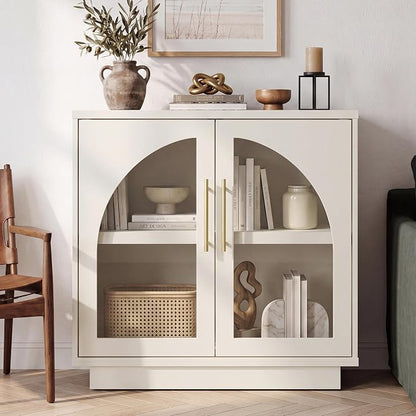 Fatmok Arched Glass Sideboard Buffet Accent Cabinet, 31.5" Display Credenza with Adjustable Shelf,2-Piece Modular Coffee Station Storage for Kitchen Living Room Bedroom, Beige(Not White)