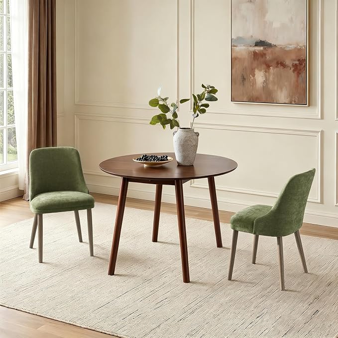 Upholstered Dining Chairs Set of 2, Fabric Dining Room Chairs with Curved Backrest, Solid Wood Legs, Modern Kitchen Chairs for Dining Room Living Room, Moss