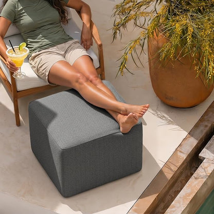 Living&Giving Square Outdoor Ottoman Pouf, 24 Inch Waterproof Patio Ottoman Foot Rest with Solid High-Density Foam, Comfy Boneless Footstool for Outside Couch & Seating, Dark Gray