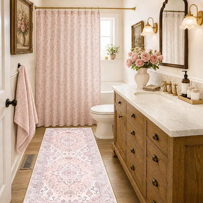 RELEANY Area Rugs Runner 2'x6' Washable Non-Slip, Floral Vintage Distress Medallion Carpet for Kitchen Hallway Bedroom Beside Laundry Room Bathroom, Pink Greypink Cute
