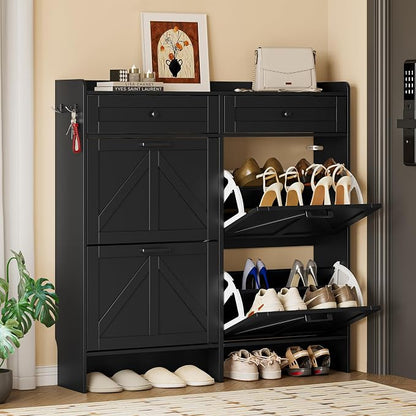 BORNOON Shoe Storage Cabinet for Entryway, Farmhouse Wide Shoe Cabinet with 4 Flip Drawers and 2 Top Drawers, Freestanding Organizer with Adjustable Shelves, Hooks, and Anti-Tip Kit for Hallway