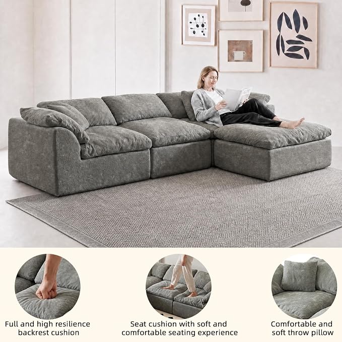 110" Boneless Cloud Couch Sectional for Living Room, Oversized Modular L Shaped Sofa with Ottoman, Deep Seat Chenille Sectional Couch for Cloud-Like Comfort (Ash Grey)