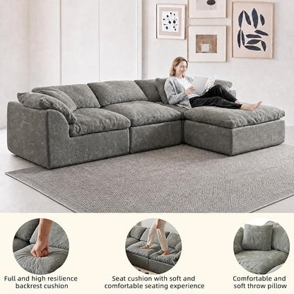 110" Boneless Cloud Couch Sectional for Living Room, Oversized Modular L Shaped Sofa with Ottoman, Deep Seat Chenille Sectional Couch for Cloud-Like Comfort (Ash Grey)