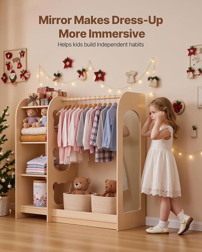 VEVOR Kids Dress Up Storage, with Mirror, Wooden Kids Dress Up Rack, Toddler Wardrobe Closet for Little Girls, Storage Armoire, Costume Organizer, Children Playroom Furniture, for Bedroom, Natural