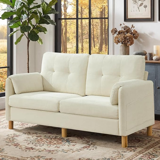65" Loveseat Sofa, Mid Century Loveseat Couch for Living Room with Storage Pockets, Upholstered Small Loveseat for Small Spaces, Bedroom, Home Office, Apartments, Small Sofa Chenille Beige