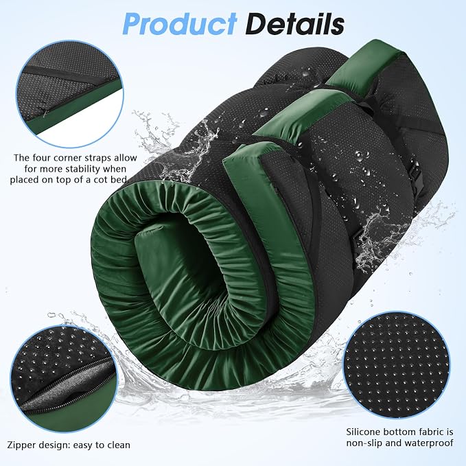 CYMULA 3 Inch Memory Foam Camping Pad, Camping Essentials Roll Up Floor Mat for Car Camping, Cot, Tent, Truck, Travel and Guest Use, Non-Slip Waterproof Bottom, Removable Cover