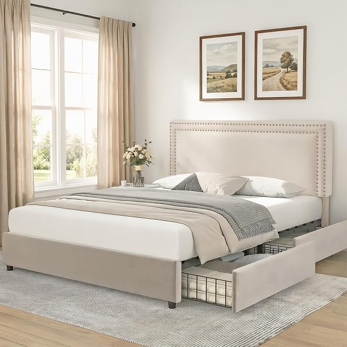 VECELO Full Size Upholstered Bed Frame with 4 Storage Drawers, Adjustable Velvet Rivet Decor Headboard, Wooden Slats Platform Support, No Box Spring Needed, Easy Assembly,Beige