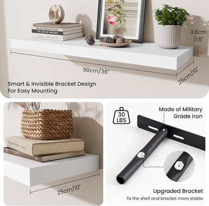 Fun Memories Floating Shelves Set of 3, 36 Inch Long Wooden Wall Shelves, 10 Inch Deep Wall Mounted Storage Shelf with Metal Brackets for Living Room, Bathroom, Bedroom and Kitchen, White
