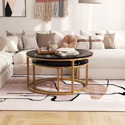WiberWi Round Coffee Table Nesting Tables Set of 2, Large : Ø 34.0", Small : Ø 26.0", Modern Design Coffee Tables for Living Room, Gold Metal Frame Circle Cocktail Table, High Glossy Faux Black Marble