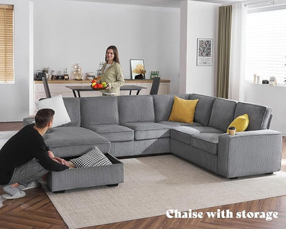 AMERLIFE 112 Inch U Shaped Couch, Oversized Couch with Storage Chaise & Cup Holders, Sectional Sofa with USB & Type-C Charging Ports, Corduroy Grey