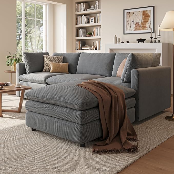 97" Cloud Couches for Living Room, 29.1" Deep Seat Modular Sectional Sofa, L Shaped Cloud Sofa with One Movable Ottoman