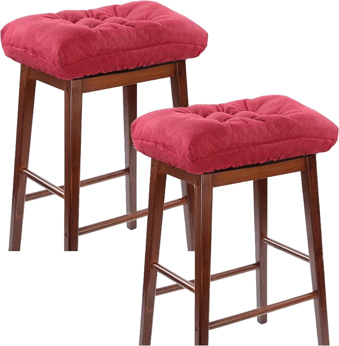 Rectangular Stool Cushion Set of 2, Soft Saddle Stool Cushions with Ties, Nonslip and Washable, Wine Red, 18 x 10.5 x 1.5 Inch