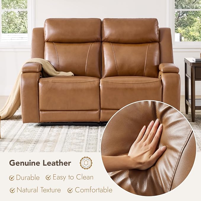 Watson & Whitely Genuine Leather Power Loveseat Recliner Sofa, Zero Gravity Reclining Loveseat with Power Headrest & Hidden Storage, Charging Ports, Dual Recliner Sofas for Living Room, Saddle Brown