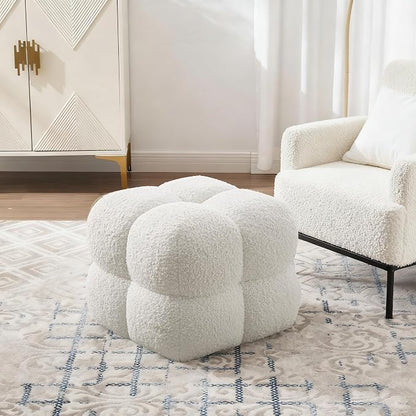 Zesthouse Square Pouf Ottoman Footstool, Modern Backless Vanity Chair for Bedroom, White Fuzzy Foot Rest for Couch, Upholstered Tufted Footstool, Sherpa Fabric Ottoman Coffee Table for Living Room