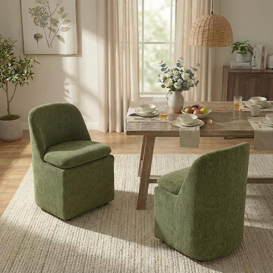 KISLOT Upholstered Dining Chairs with Casters, Washable Cover Modern Dining Room Chairs with Thick Cushion & Sturdy Metal Frame for Kitchen, Living Room, Dressing Room, Green Fabric, Set of 2