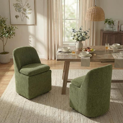 KISLOT Upholstered Dining Chairs with Casters, Washable Cover Modern Dining Room Chairs with Thick Cushion & Sturdy Metal Frame for Kitchen, Living Room, Dressing Room, Green Fabric, Set of 1