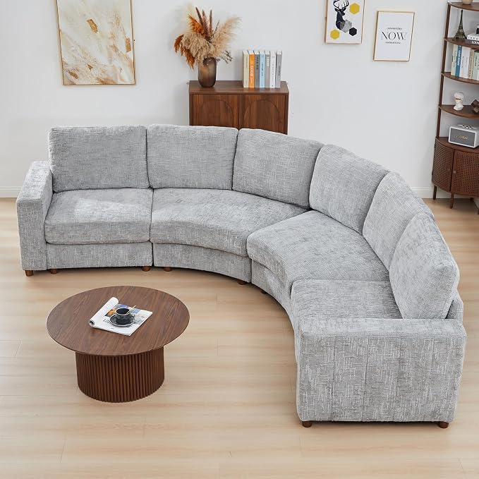 ORRD Curved Sectional Sofa, Convertible L Shaped Couch with Deep Seat, Boucle Modular Sectional Sofa with Pillows, Curved Chenille Comfy Corner 4 Seat Couch for Living Room, Grey