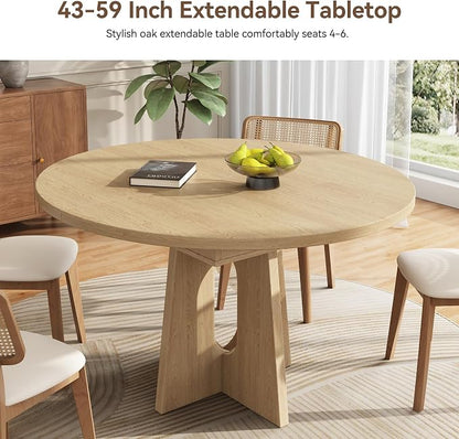 Epecoya 59-Inch Extendable Round Dining Table for Dining Room, 4-6 People Farmhouse Oval Wood Expandable Kitchen Dinner Table with Heavy Cross Pedestal for Living Room, Apartment, Light Oak