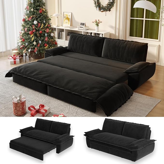 70.1" Sofa Bed Queen Size, Pull Out Couch Bed, 3-in-1 Convertible Sleeper Sofa with Cushion Armrest, Modern Velvet Futon Couch for Living Room, Small Space, Apartment, Bedroom, Black