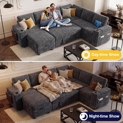 Vipbear Premium 111" Modular Sectional Sleeper Sofa, 7 Seat Sleeper Sofa with Pull Out Bed for Living Room, L Shaped Couch with Storage Chaise|USB Ports|Cup Holders|Storage Armrests|Side Table, Gray