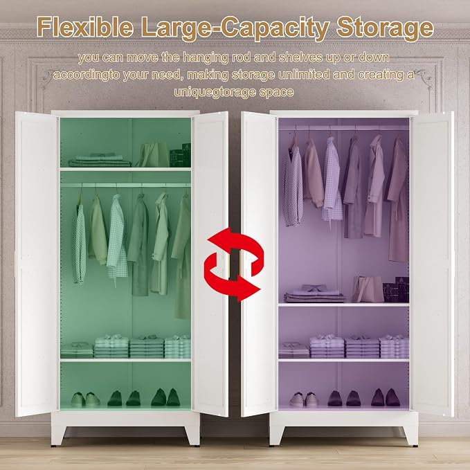 Washsemba 71'' Farmhouse Metal Wardrobe Cabinet with Hanging Rod, 2 Barn Door Wardrobe Closet with 2 Adjustable Shelves,for Dining Room,Bedroom,Living Room, Cloak Room,Office (White)