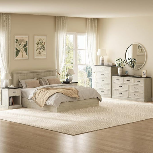 CARPETNAL Farmhouse Dresser and Nightstand Sets for Bedroom, 4 Pcs Bedroom Set, 5 Drawer & 7 Drawer Dresser and Nightstand Set of 2, Wood Chest of Drawers for Living Room, Entryway, White