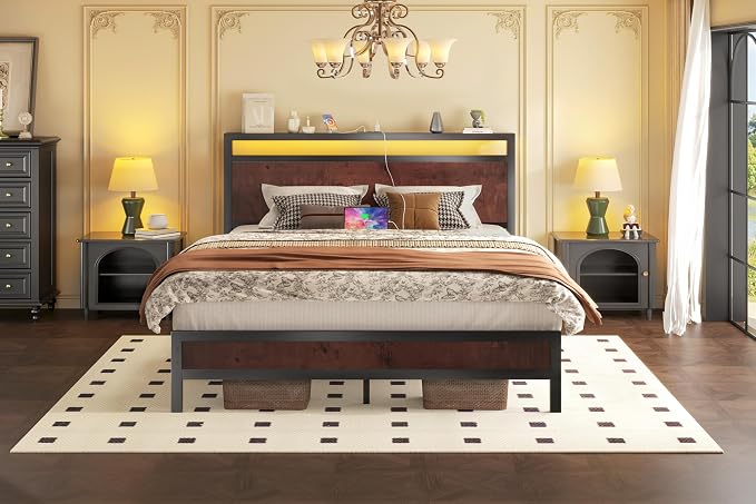 Fluest Queen Bed Frame with Headboard & Footboard, Bed Frame with Built-in Charging Station & LED Light, Storage Shelf, Noise-Free, No Box Spring Needed, Easy Assembly, Coffee Brown
