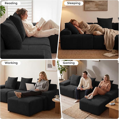 118" Sectional Boneless Oversize Modular Couches, Curved Cloud Sectional Sofa for Living Room, Corduroy U Shape Deep Seat Sofa with 2 Ottomans & 3 Throw Pillows, No Assembly Required,Black