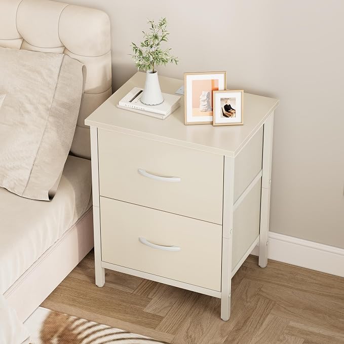 Vagusicc Nightstand with Charging Station, Bedside Table with USB Ports and Outlet, End Table Side Table with 2 Fabric Drawers for Bedroom, Living Room, Beige