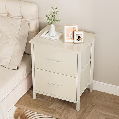Vagusicc Nightstand with Charging Station, Bedside Table with USB Ports and Outlet, End Table Side Table with 2 Fabric Drawers for Bedroom, Living Room, Beige