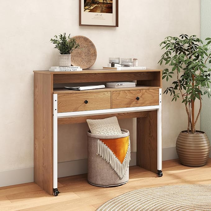 Giantex Small Computer Desk with Hutch & Drawers, Extendable Writing Desk w/Pull Out Secondary Table, Monitor Stand & Rolling Wheels, Console Table, Compact Desk for Small Spaces (Natural)